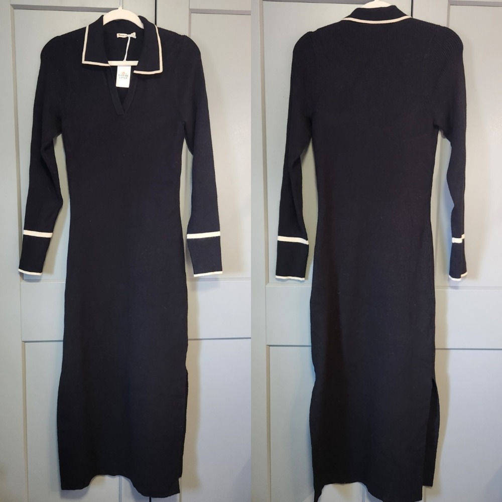 New Marine Layer Womens Contrast Trim Long Sleeve Polo Sweater Dress Black Large